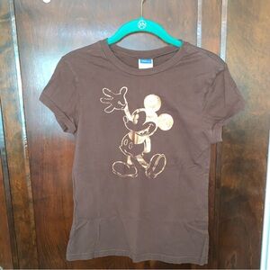Disney Brown Short Sleeve Tee with Metallic Gold Mickey